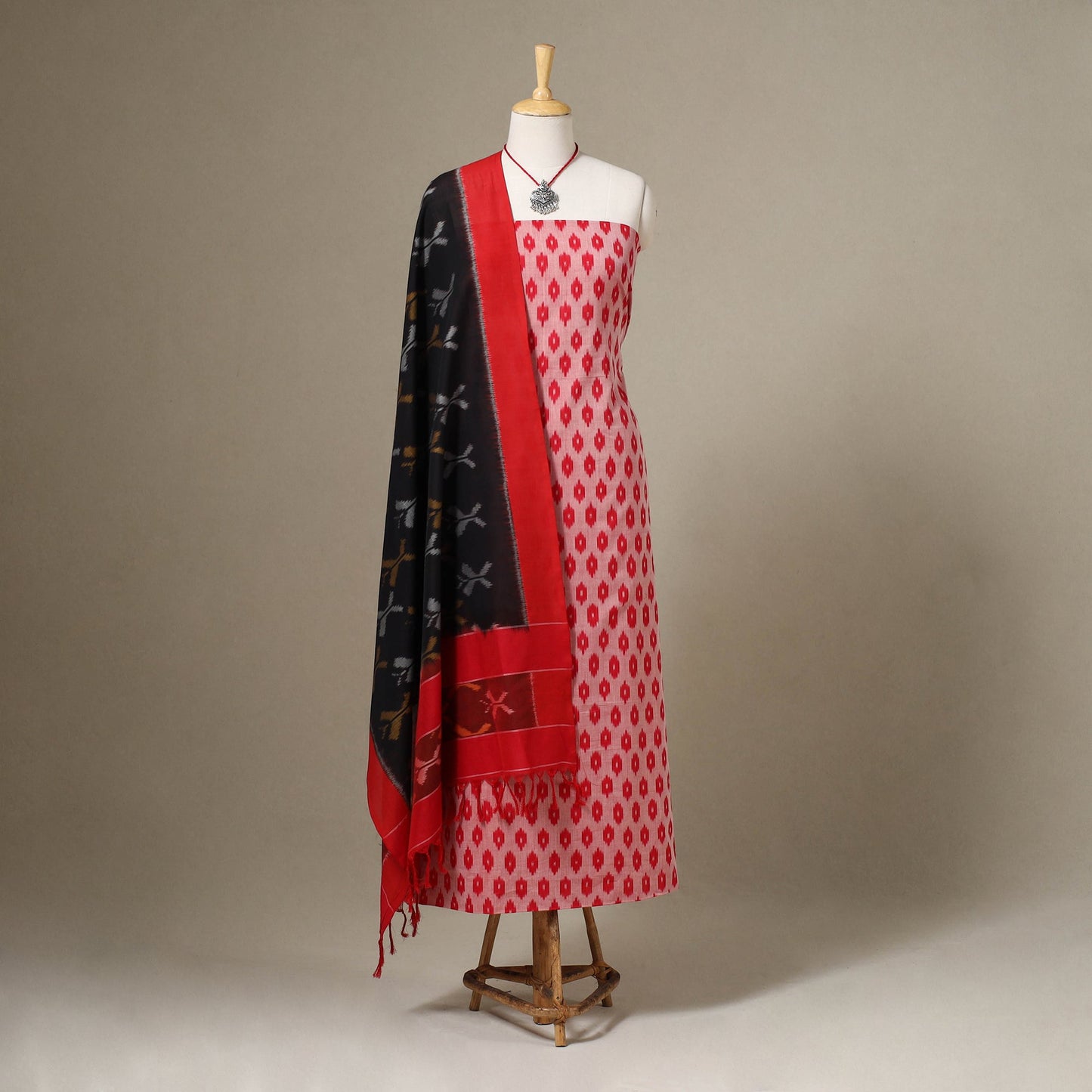 Red Pochampally Ikat Handloom Dress Material with Jewellery Set