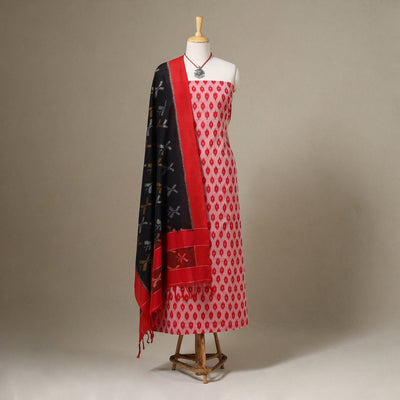 Red Pochampally Ikat Handloom Dress Material with Jewellery Set