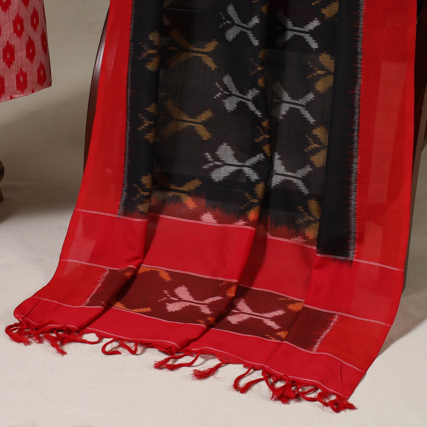 Red Pochampally Ikat Handloom Dress Material with Jewellery Set