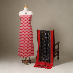 Red Pochampally Ikat Handloom Dress Material with Jewellery Set