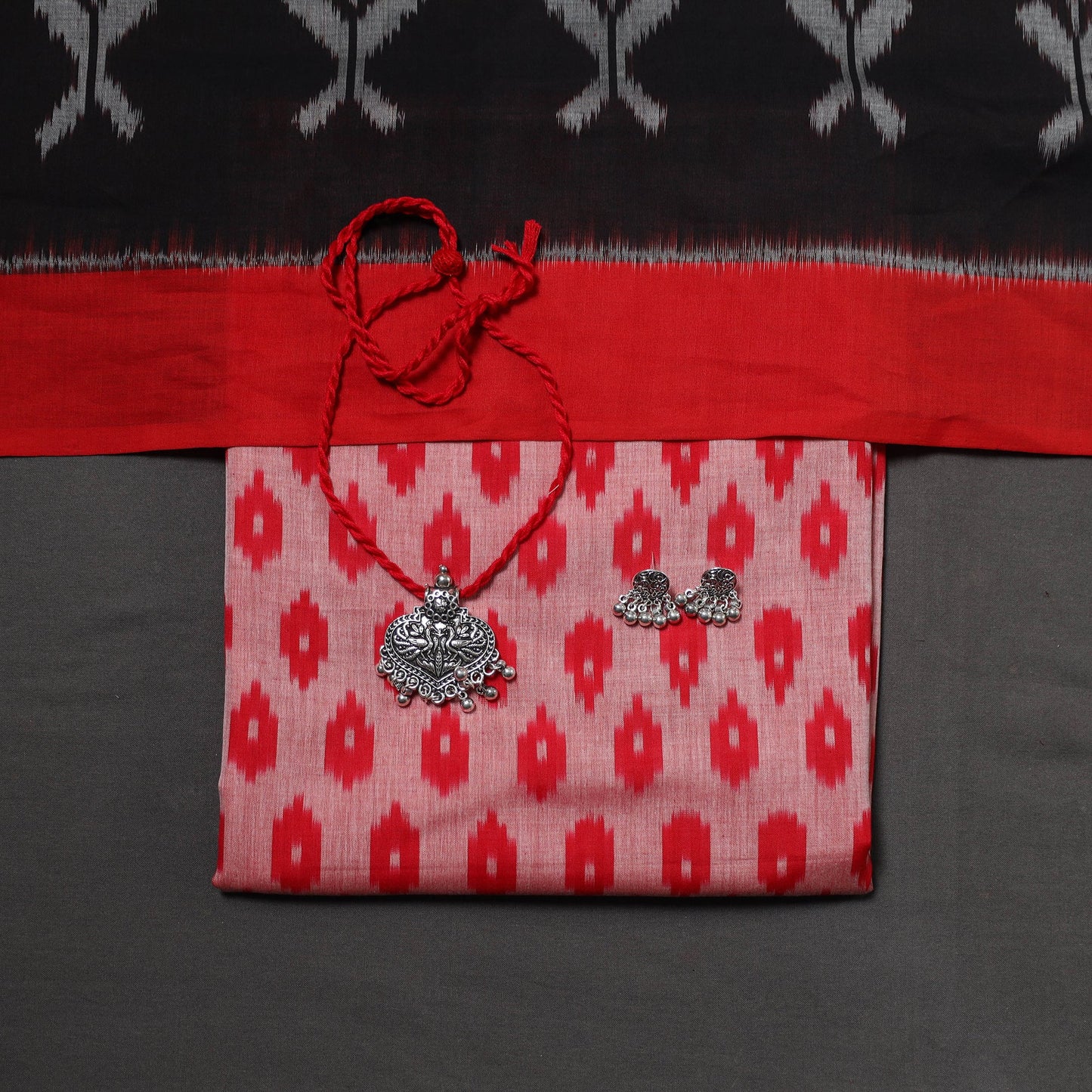 Red Pochampally Ikat Handloom Dress Material with Jewellery Set
