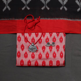 Red Pochampally Ikat Handloom Dress Material with Jewellery Set
