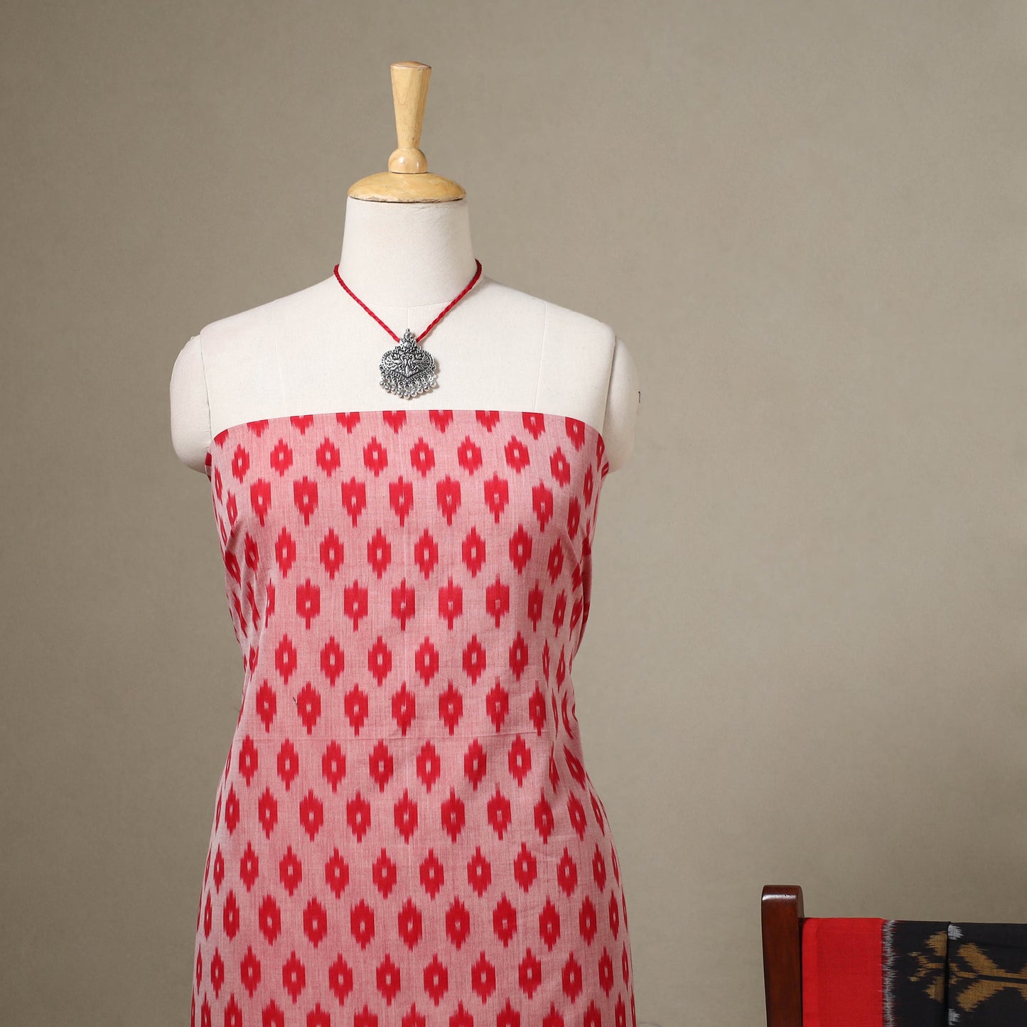 Red Pochampally Ikat Handloom Dress Material with Jewellery Set