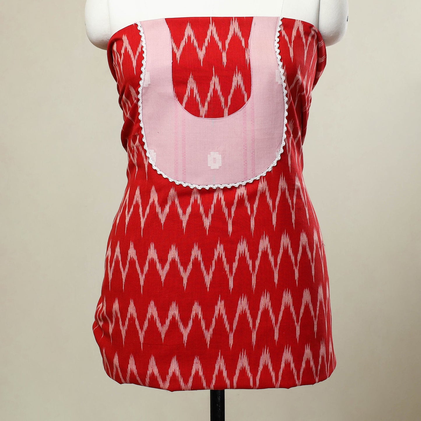 Red - pochampally ikat patchwork cotton unstitched kurta