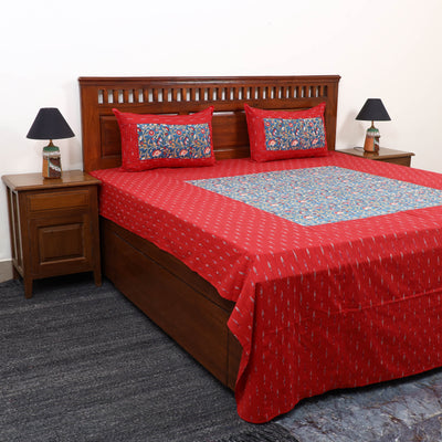 Red Pochampally Ikat with Sanganeri Patch Cotton Bedsheet Set