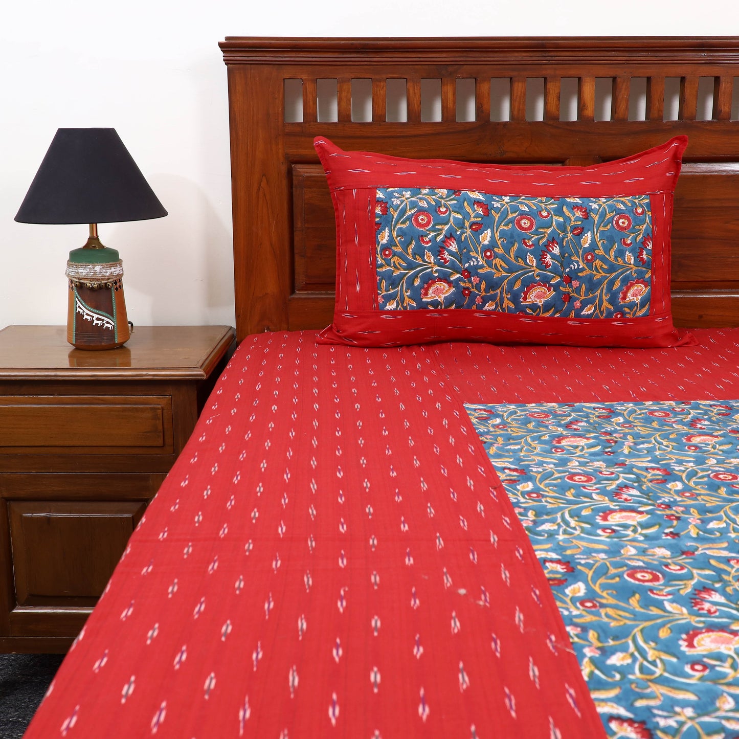 Red Pochampally Ikat with Sanganeri Patch Cotton Bedsheet Set