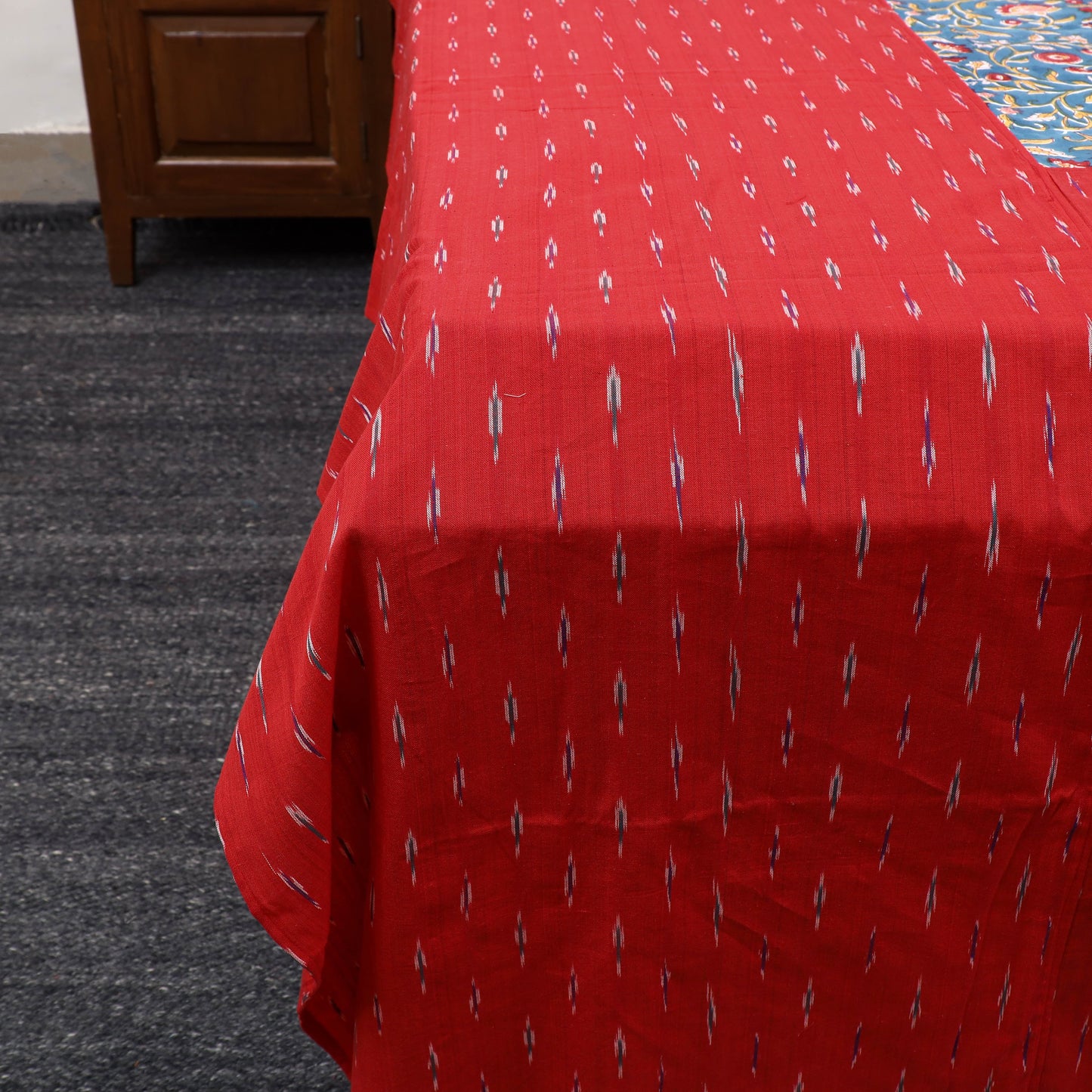 Red Pochampally Ikat with Sanganeri Patch Cotton Bedsheet Set