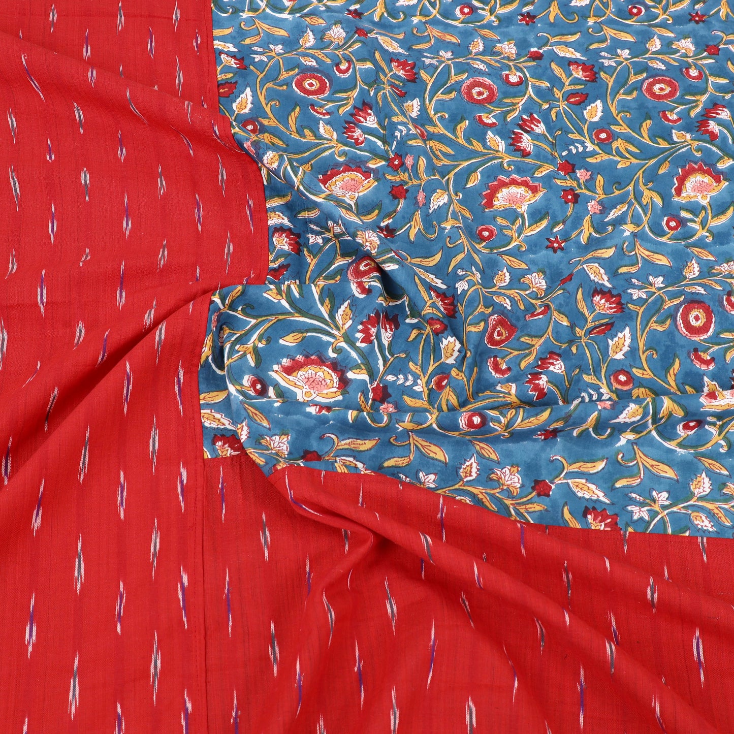 Red Pochampally Ikat with Sanganeri Patch Cotton Bedsheet Set