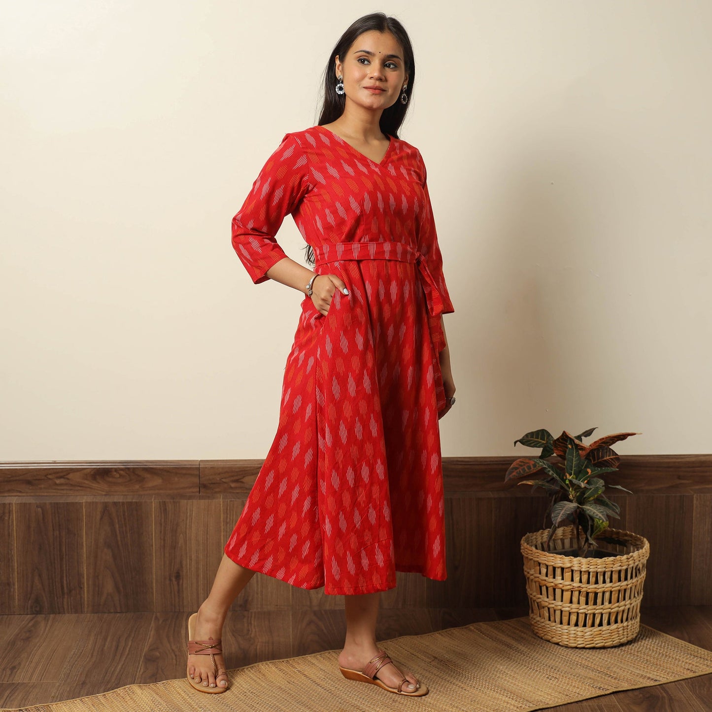 Red - pochampally ikat weave cotton dress with belt 21
