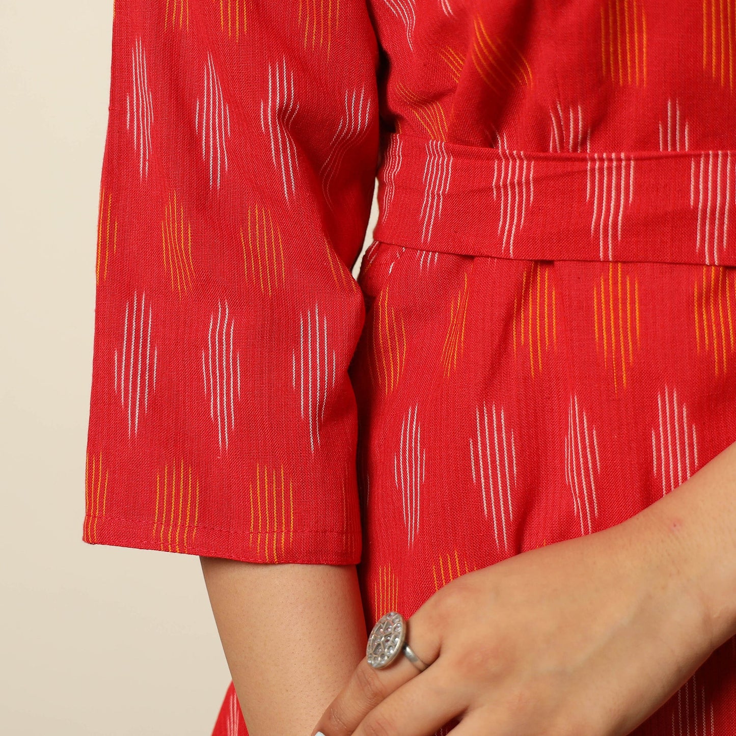 Red - pochampally ikat weave cotton dress with belt 21