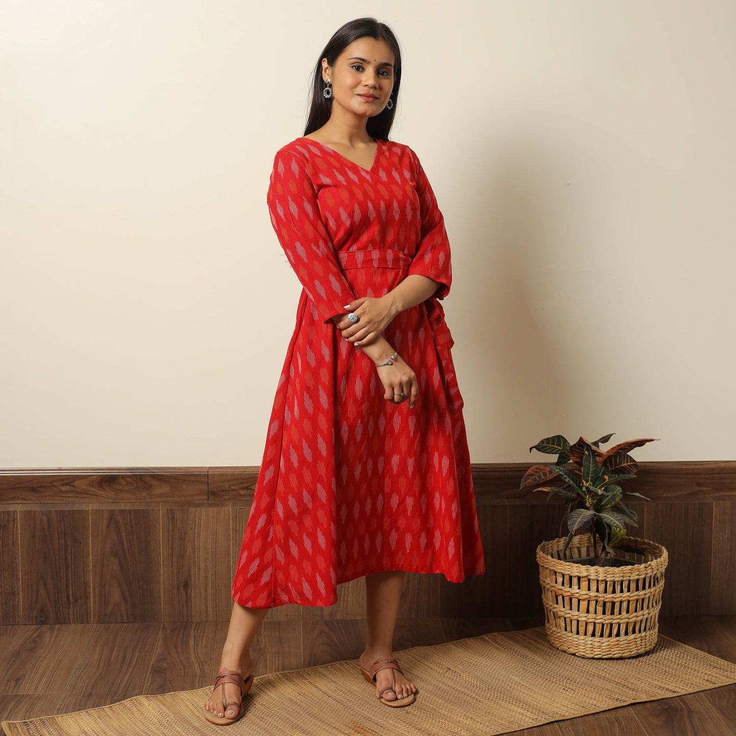 Red - pochampally ikat weave cotton dress with belt 21