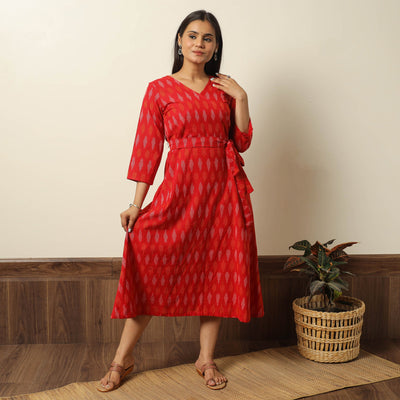 Red - pochampally ikat weave cotton dress with belt 21