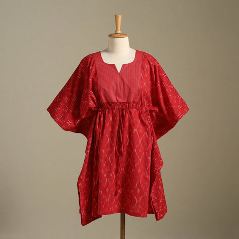 Red Pochampally Ikat Weave Cotton Kaftan (Medium)