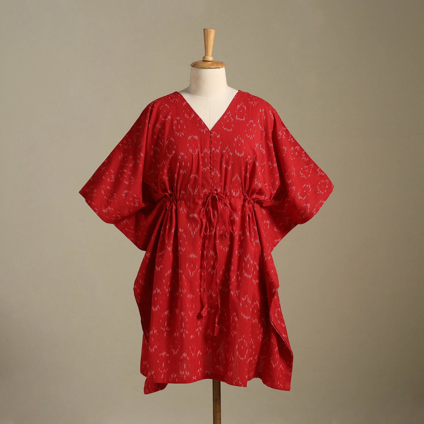 Red Pochampally Ikat Weave Cotton Kaftan (Medium)