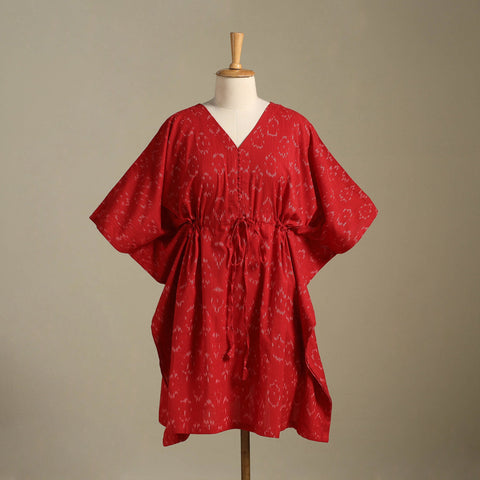 Red Pochampally Ikat Weave Cotton Kaftan (Medium)