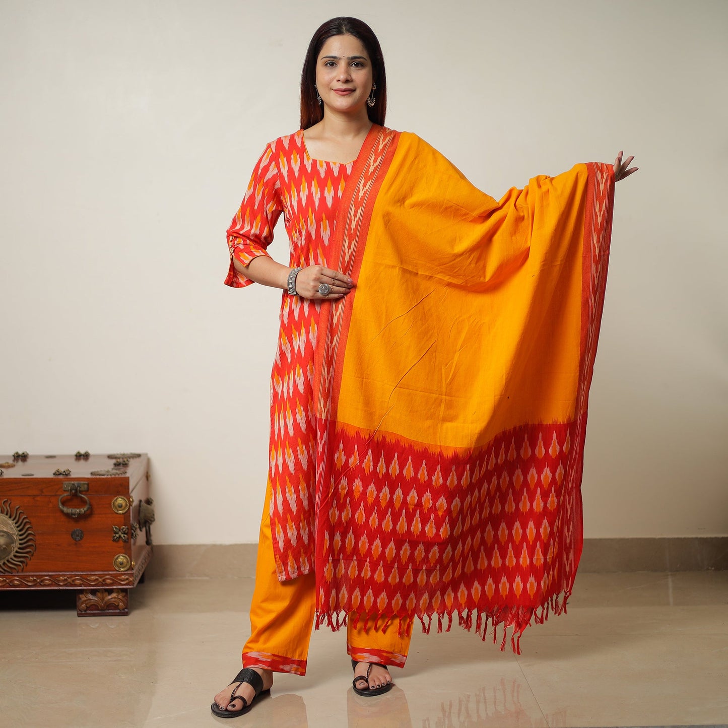  Pochampally Ikat Weave Cotton Kurta with Palazzo & Dupatta Set 01 