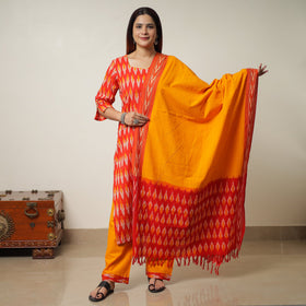 Pochampally Ikat Weave Cotton Kurta with Palazzo & Dupatta Set 01 