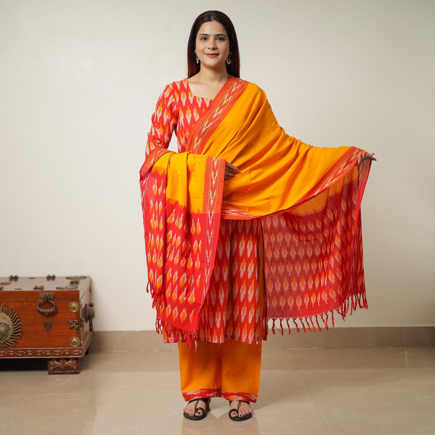  Pochampally Ikat Weave Cotton Kurta with Palazzo & Dupatta Set 01 