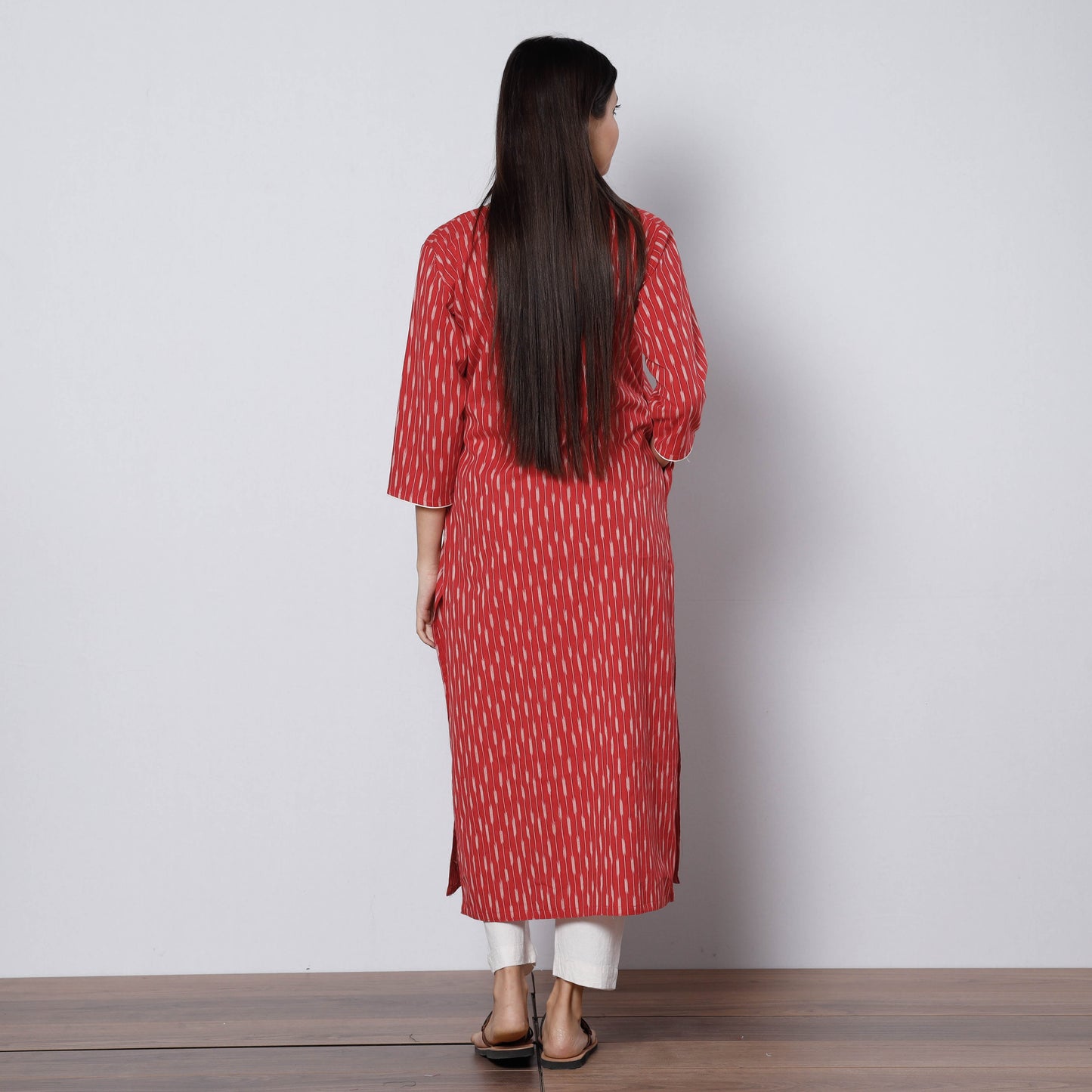 Red - pochampally ikat weave cotton long kurta - handcrafted