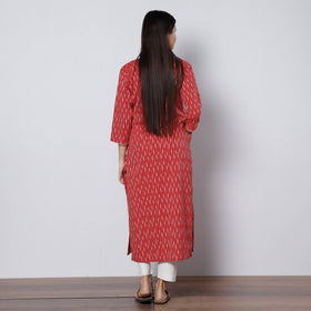 Red - pochampally ikat weave cotton long kurta - handcrafted