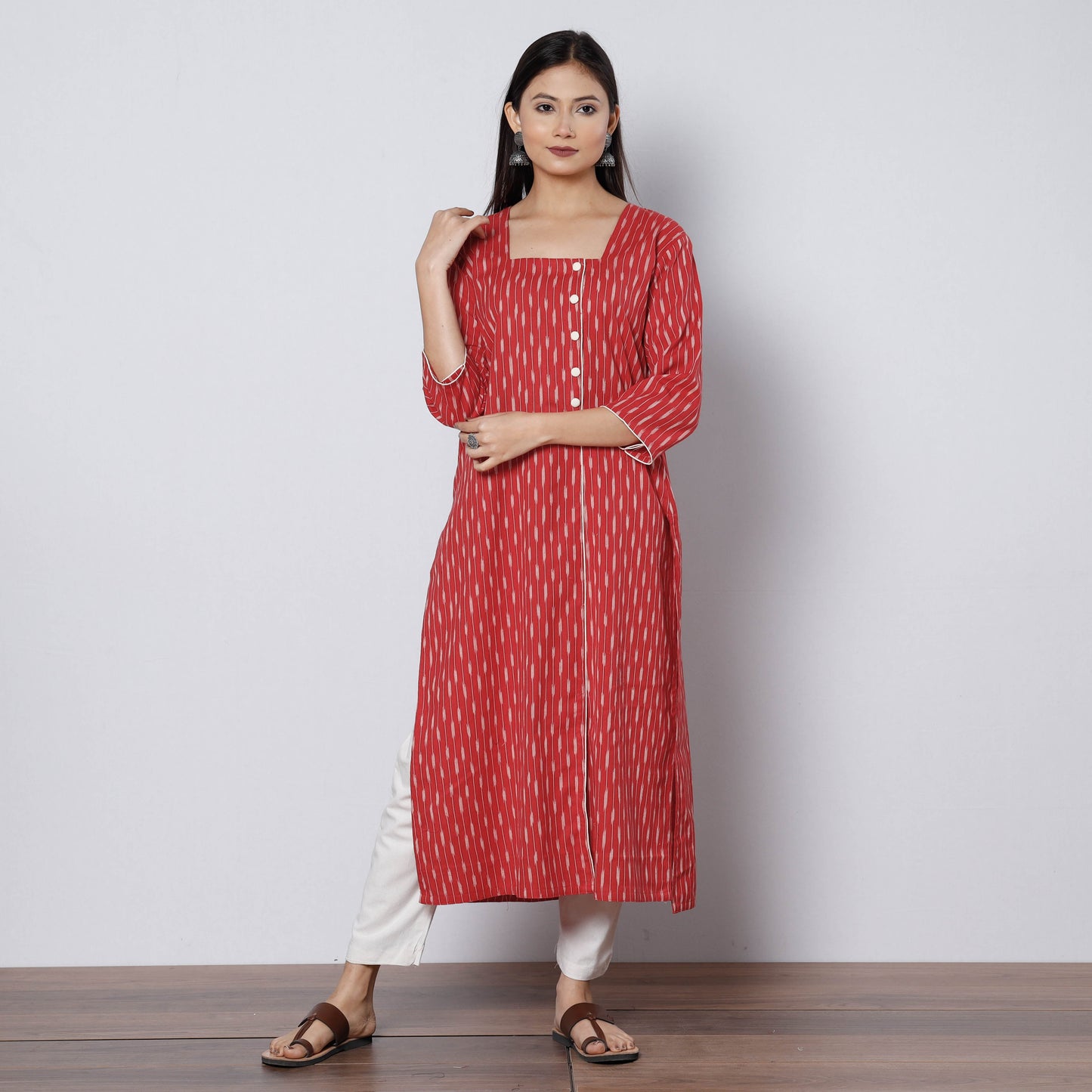 Red - pochampally ikat weave cotton long kurta - handcrafted