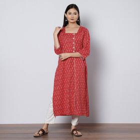 Red - pochampally ikat weave cotton long kurta - handcrafted