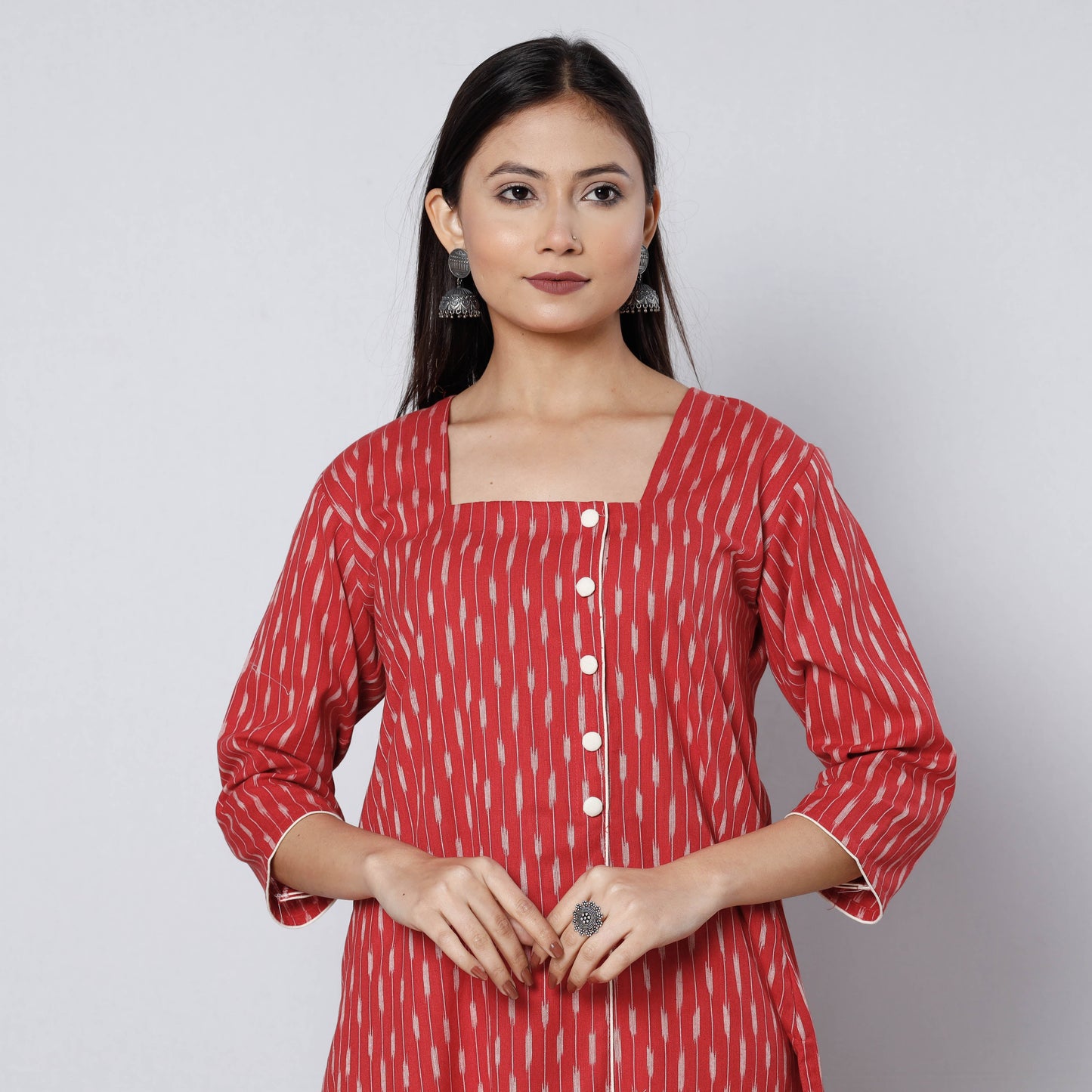 Red - pochampally ikat weave cotton long kurta - handcrafted