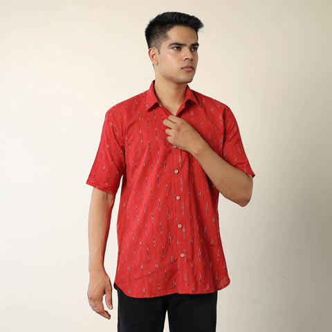 Red Pochampally Ikat Weave Cotton Men Half Sleeve Shirt 