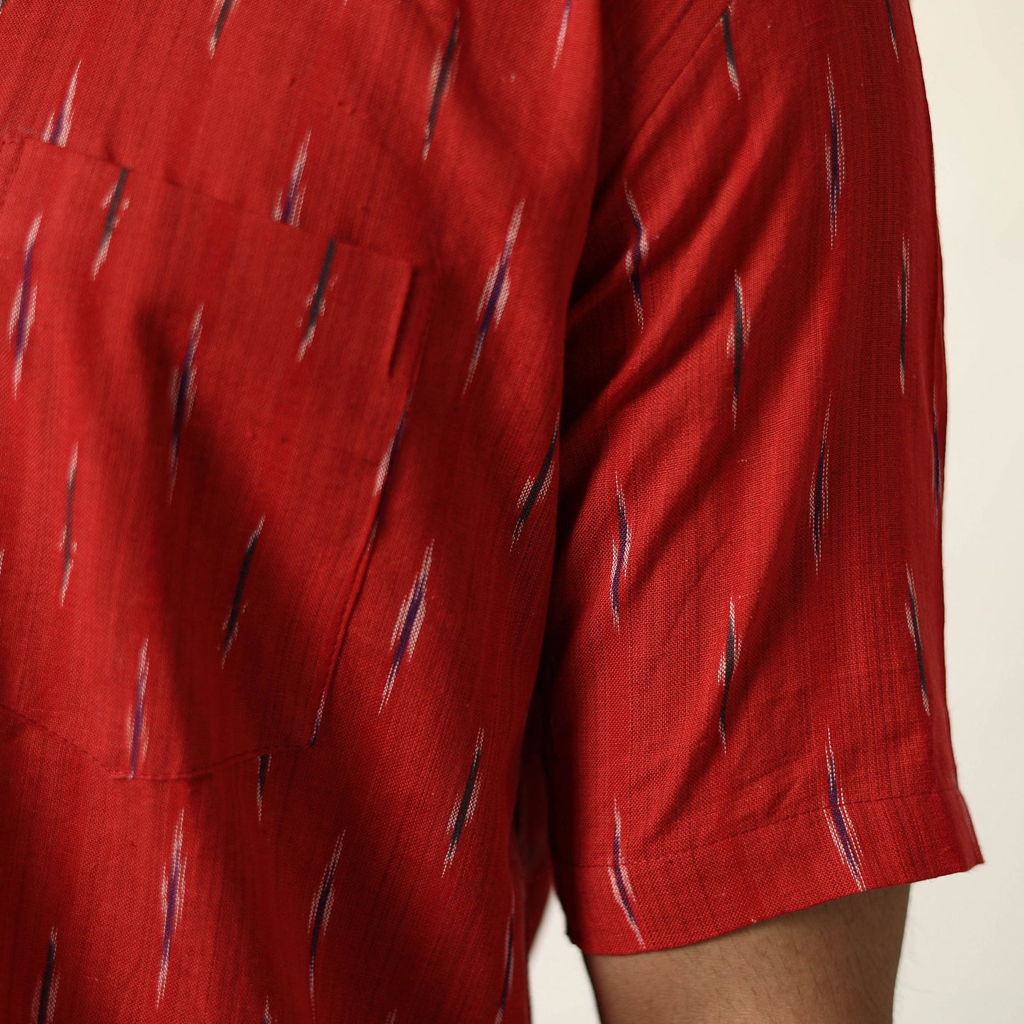 Red Pochampally Ikat Weave Cotton Men Half Sleeve Shirt 