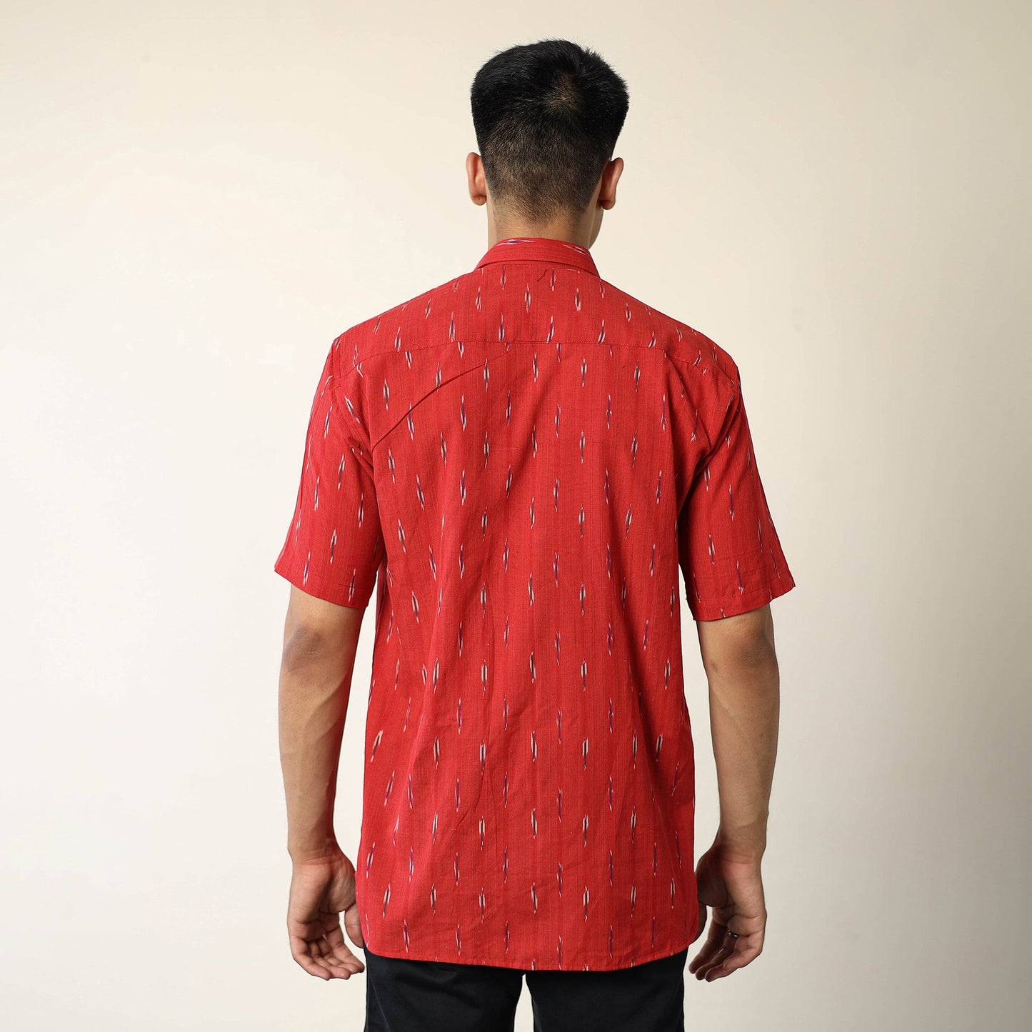 Red Pochampally Ikat Weave Cotton Men Half Sleeve Shirt 