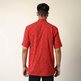 Red Pochampally Ikat Weave Cotton Men Half Sleeve Shirt 