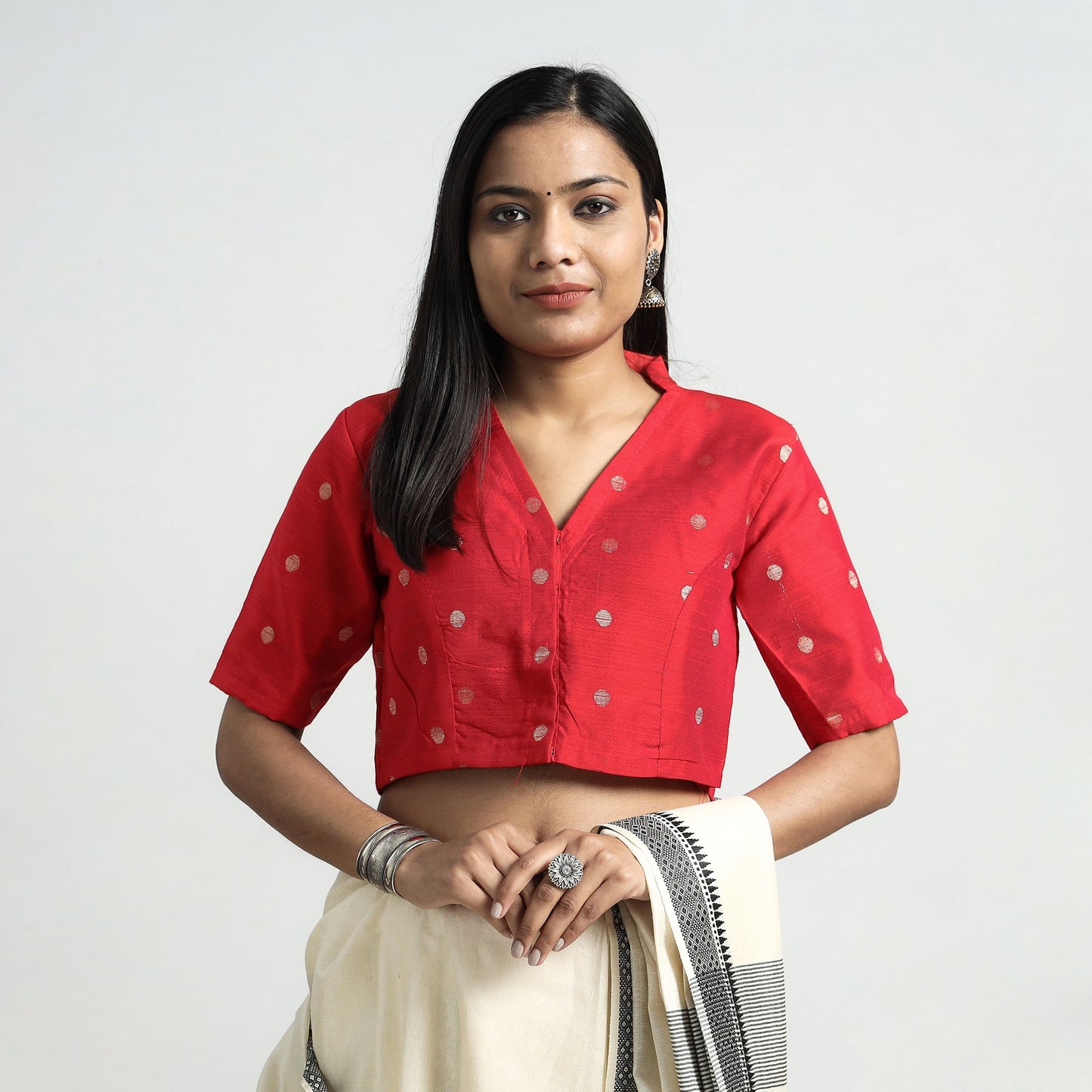 Buy Polka Dot Zari Buti Viscose Silk Stitched Mandarin Collar Blouse Online at iTokri.com