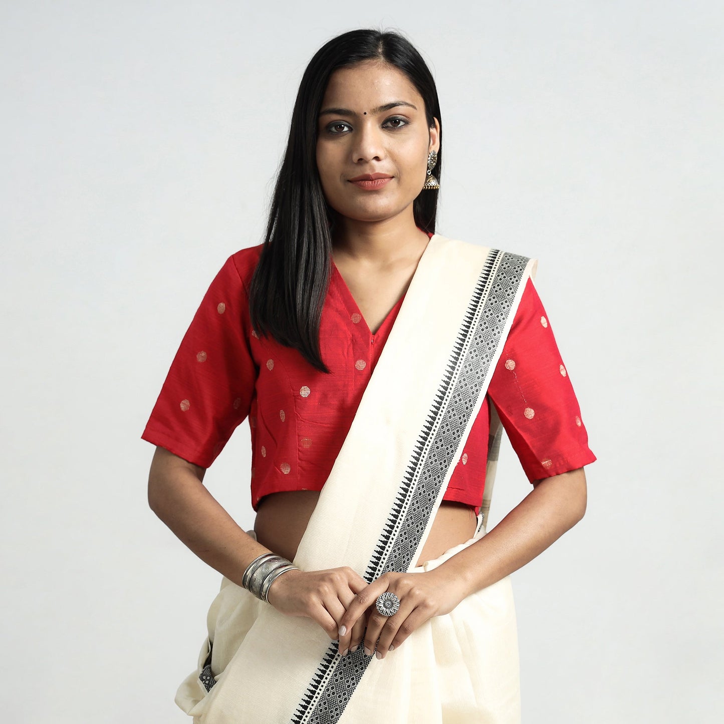 Buy Polka Dot Zari Buti Viscose Silk Stitched Mandarin Collar Blouse Online at iTokri.com
