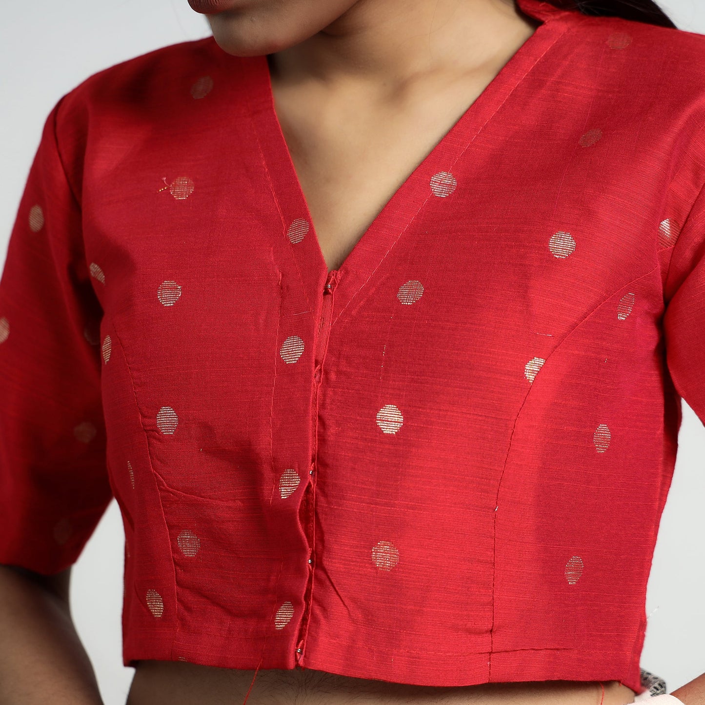 Buy Polka Dot Zari Buti Viscose Silk Stitched Mandarin Collar Blouse Online at iTokri.com