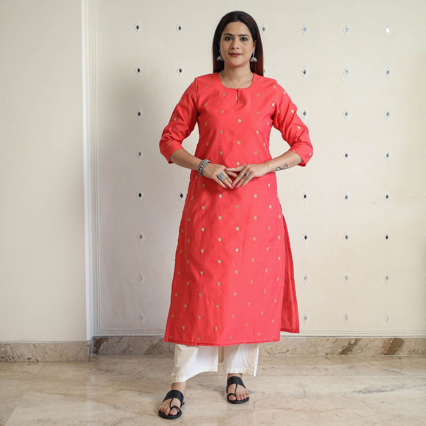  Polka Zari Buti Spun Dupion Silk Long Straight Kurta 39 