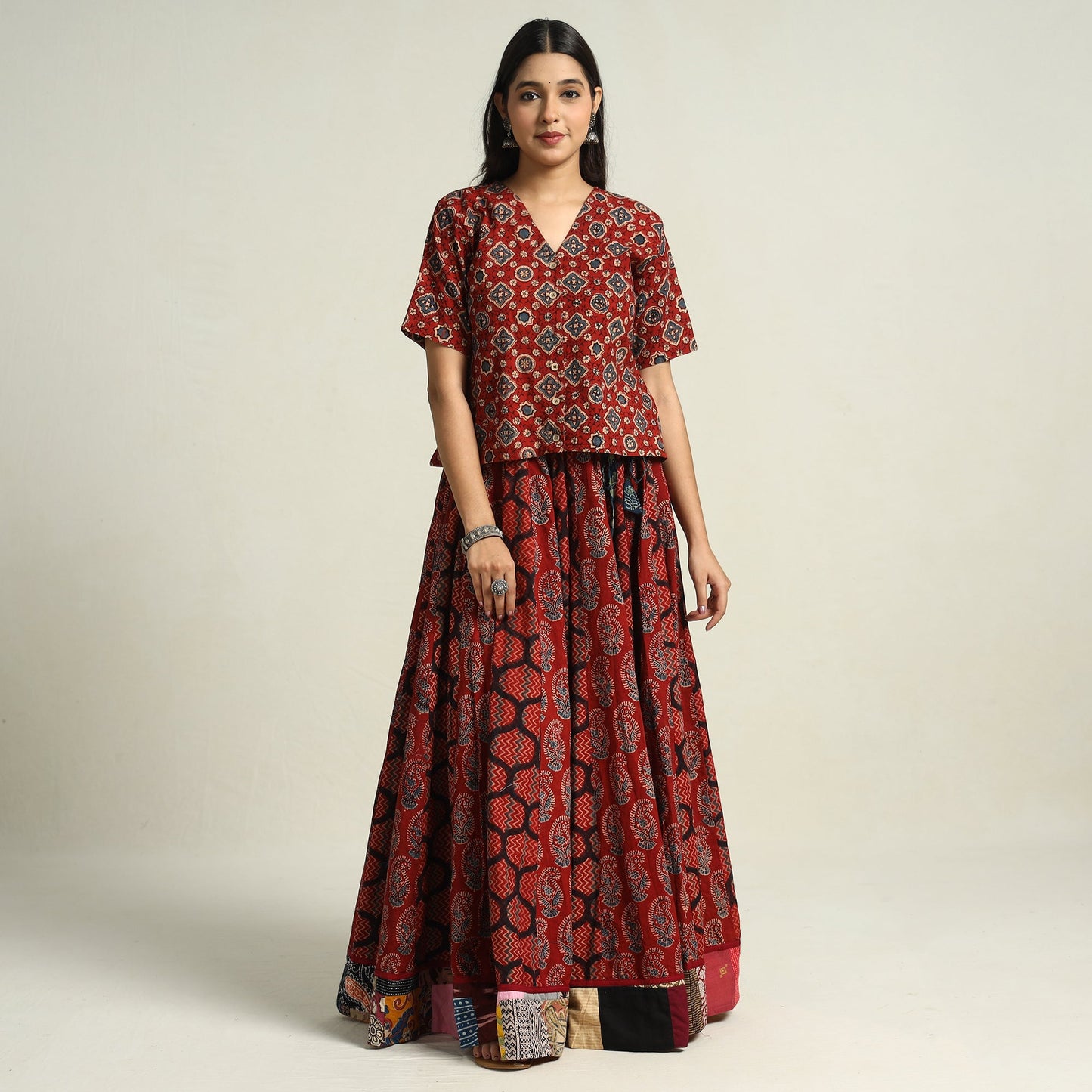 Red - printed 24 kali patchwork cotton long skirt 02
