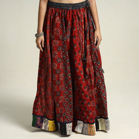 Red - Ajrakh Block Printed 24 Kali Patchwork Cotton Long Skirt 08