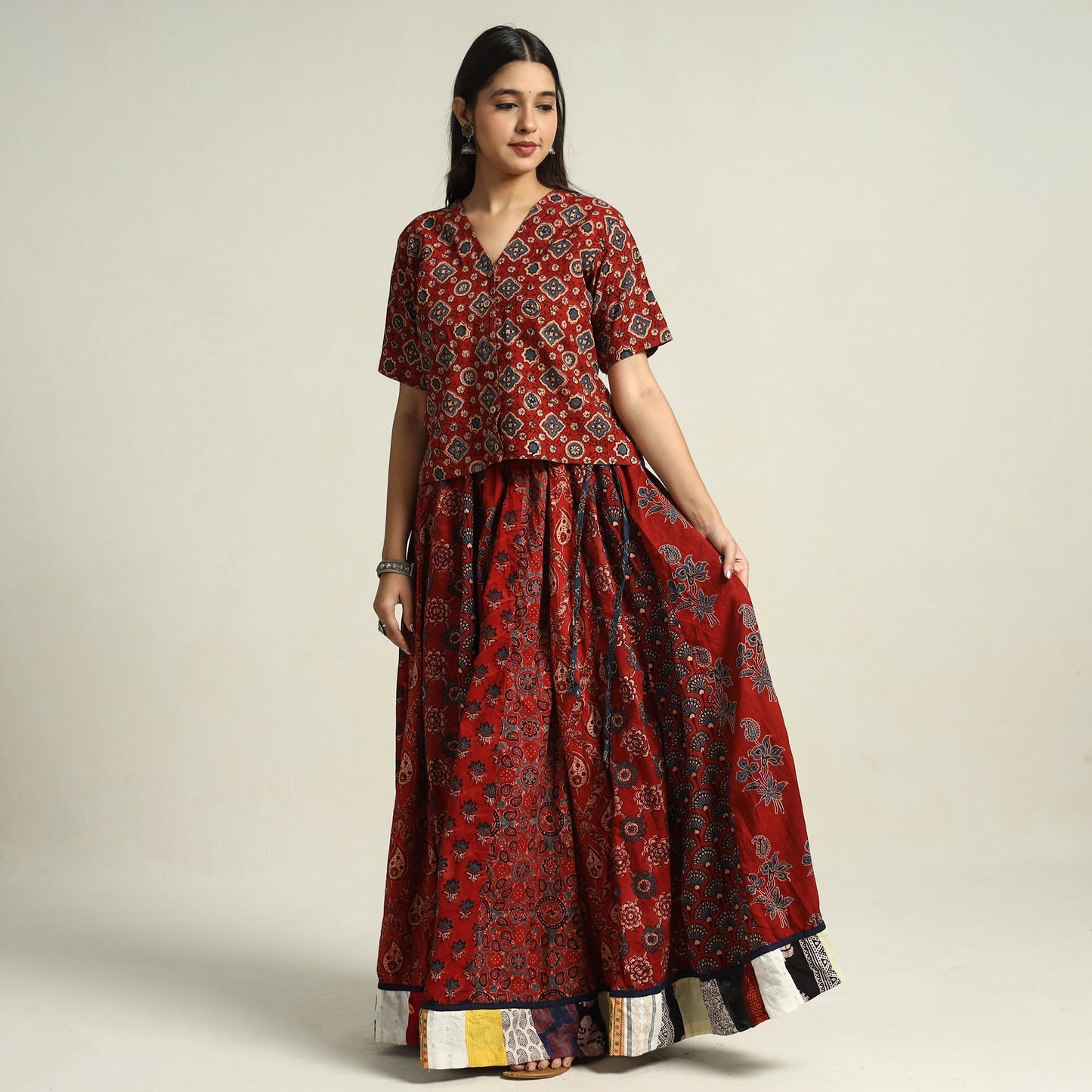 Red - Ajrakh Block Printed 24 Kali Patchwork Cotton Long Skirt 08