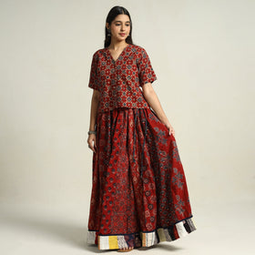 Red - Ajrakh Block Printed 24 Kali Patchwork Cotton Long Skirt 08