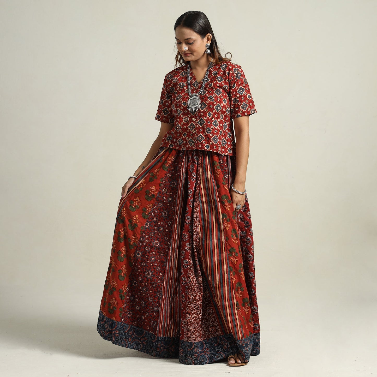 Red - Ajrakh Block Printed 24 Kali Patchwork Cotton Long Skirt 65