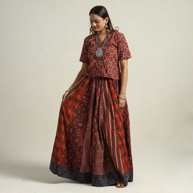 Red - Ajrakh Block Printed 24 Kali Patchwork Cotton Long Skirt 65