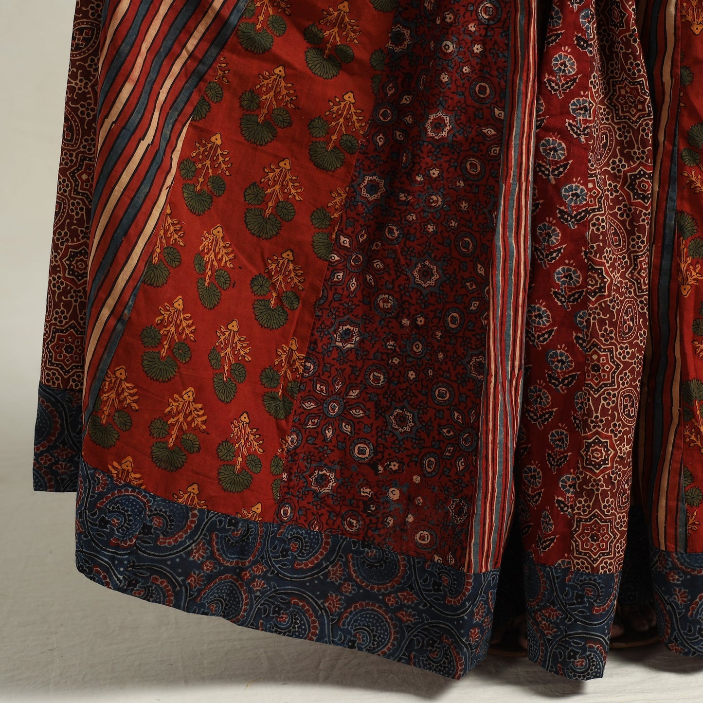 Red - Ajrakh Block Printed 24 Kali Patchwork Cotton Long Skirt 65
