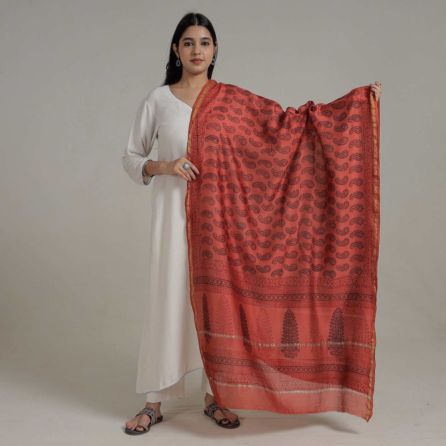 Buy Block Printed Chanderi Silk Bagh Dupatta
