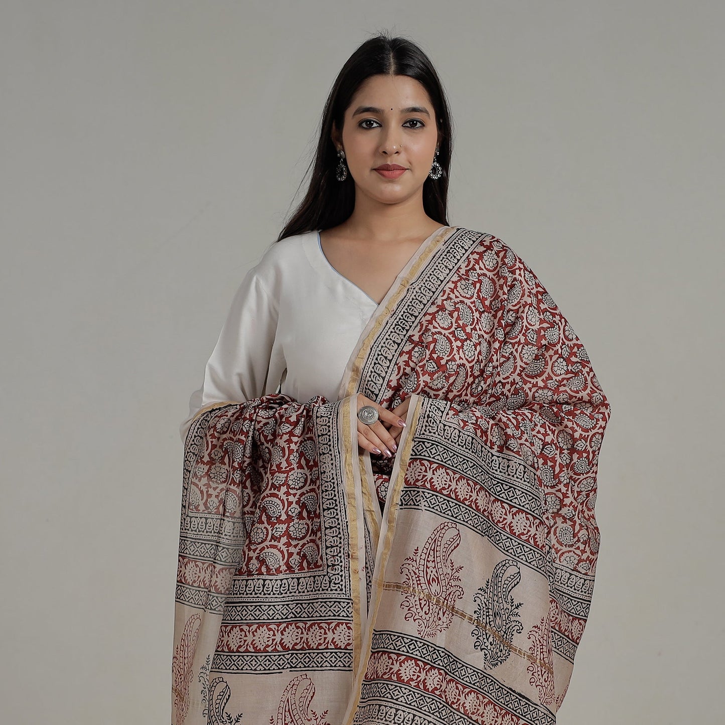  Block Printed Chanderi Silk Bagh Dupatta