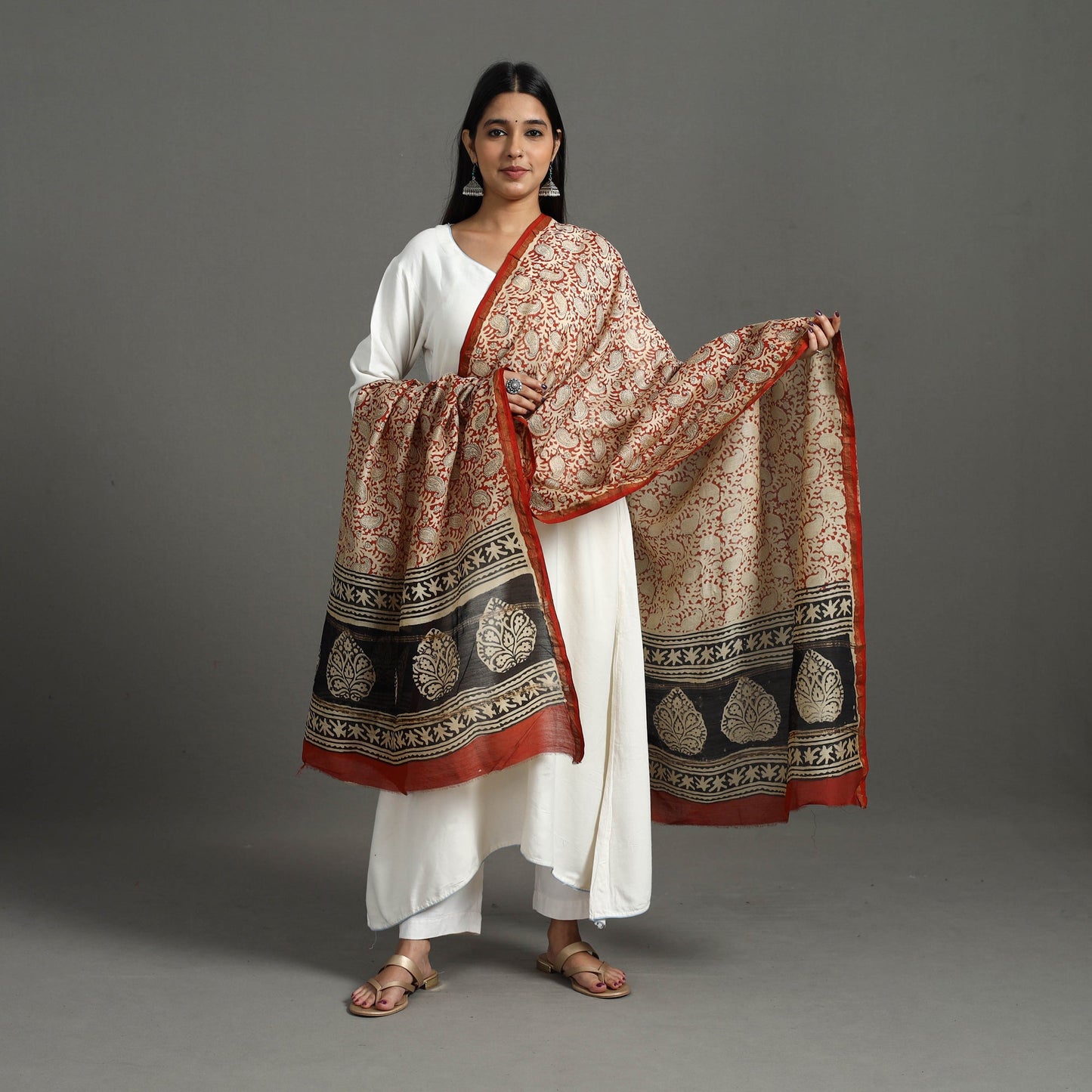  Red Block Printed Chanderi Silk Sanganeri Dupatta 