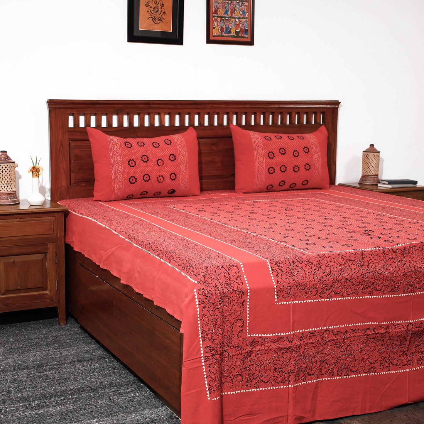 Buy Ajrakh Block Printed Cotton Double Bed Cover with Pillow Covers Online at iTokri.com