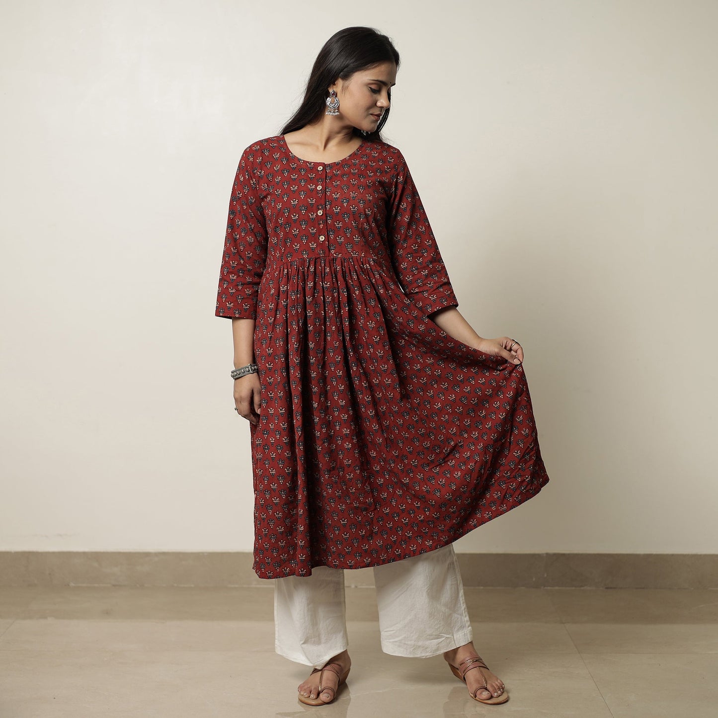 Buy Ajrakh Block Printed Cotton Flared Kurta for Women