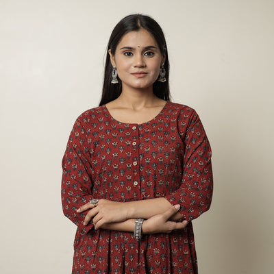 Buy Ajrakh Block Printed Cotton Flared Kurta for Women