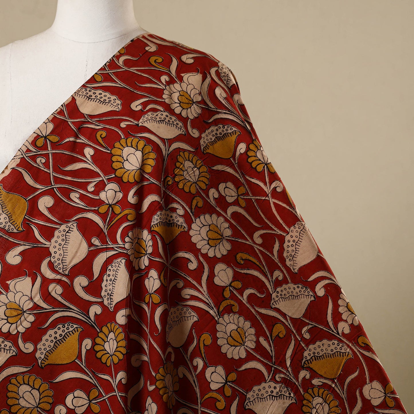Red - printed cotton kalamkari fabric 18 - handcrafted