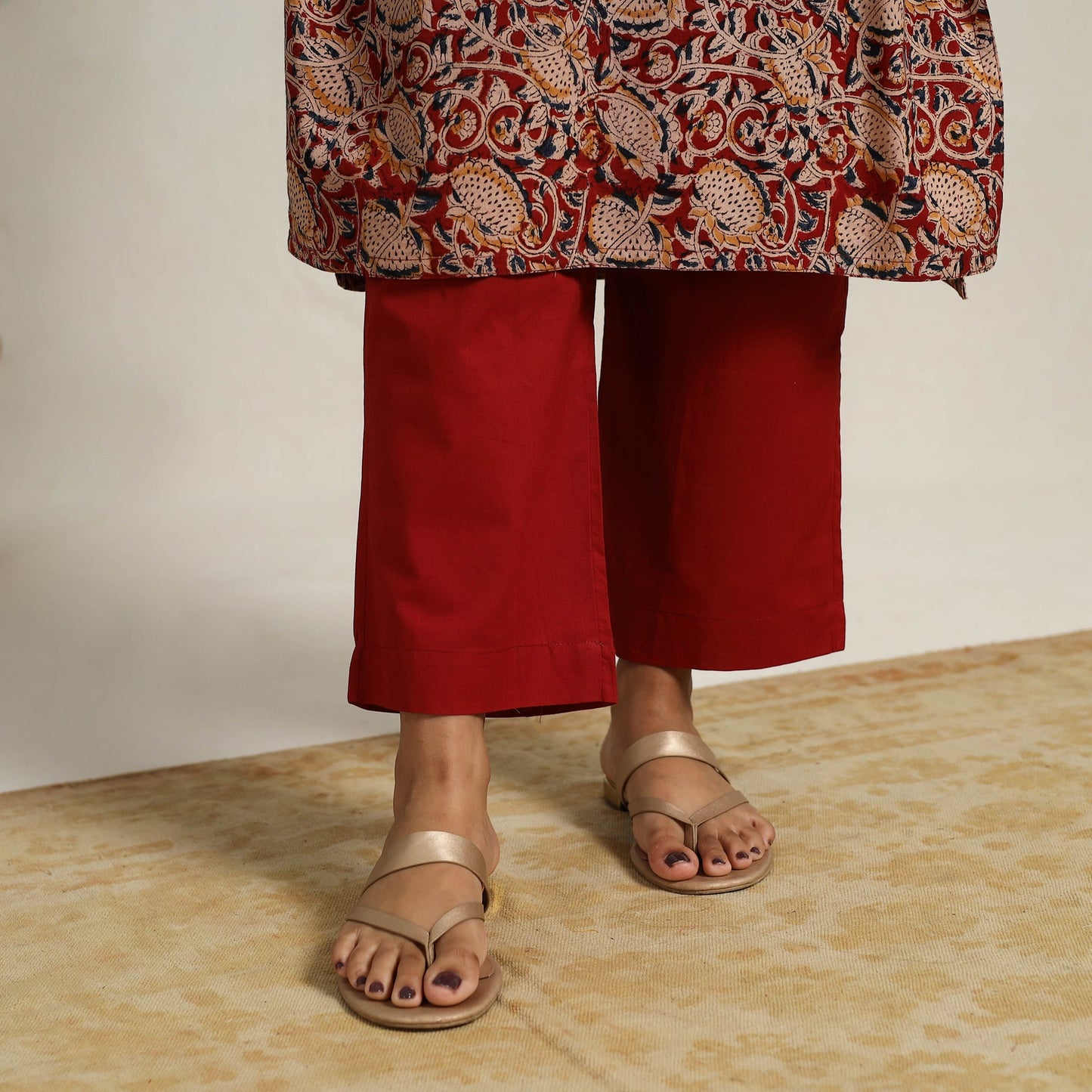 Red - printed cotton kalamkari kurta set 17 - handcrafted